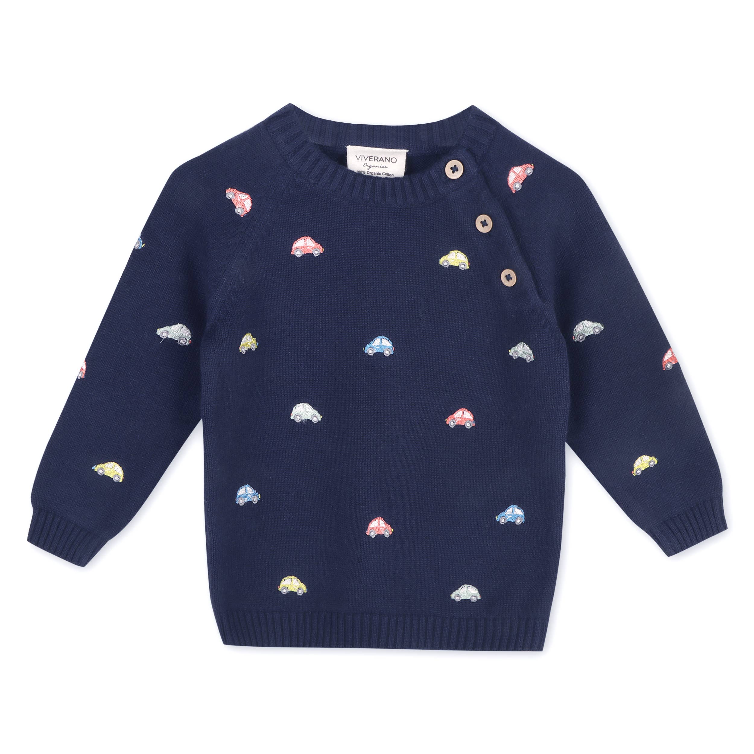 Mini Beetle Cars Organic Embroidered Baby Sweater Navy Blue
