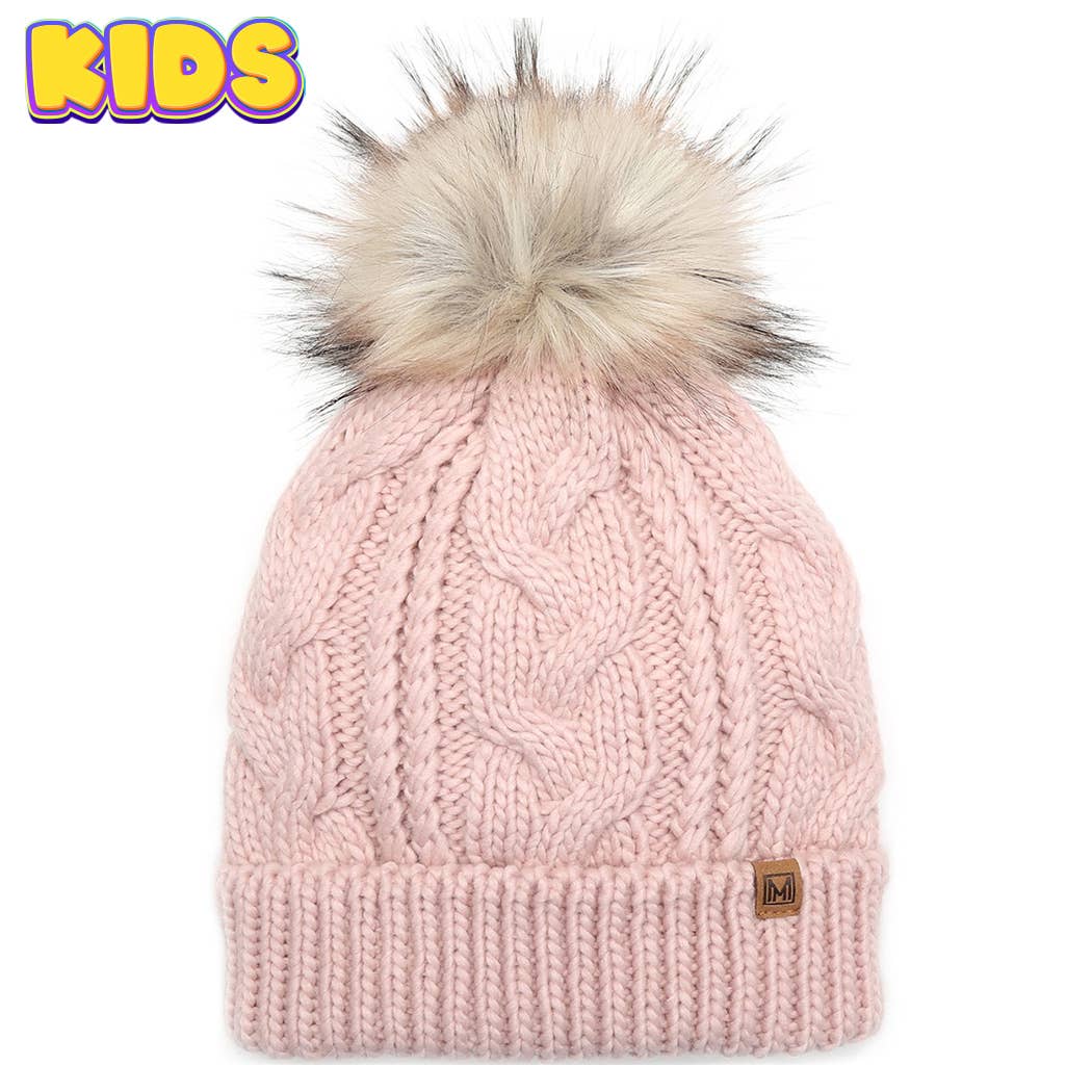 Kid's Cable Knitted Faux Fur Pom Beanie Hat: KIDS-LIGHT PINK / One Size