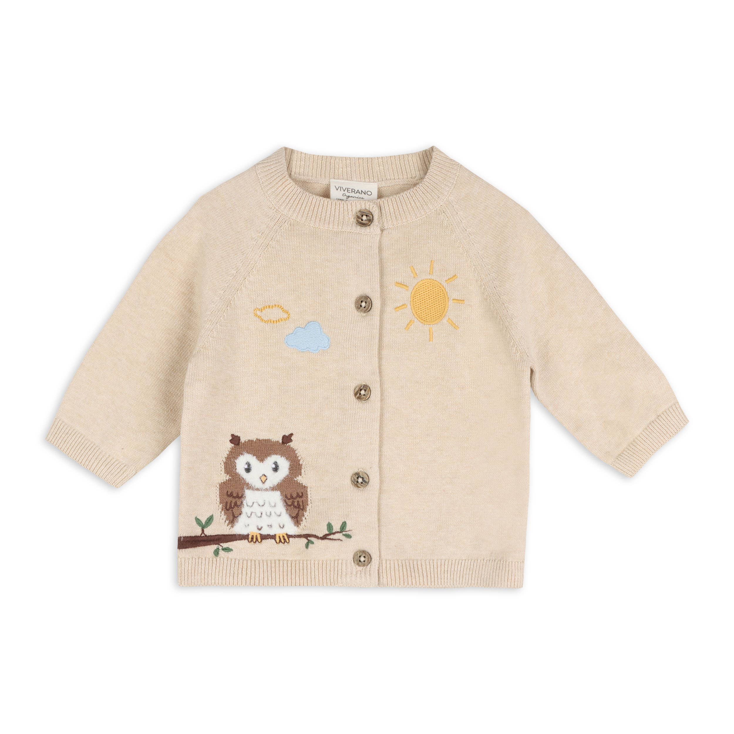 Owl Organic Cotton Embroidered Knit Baby Cardigan Oatmeal