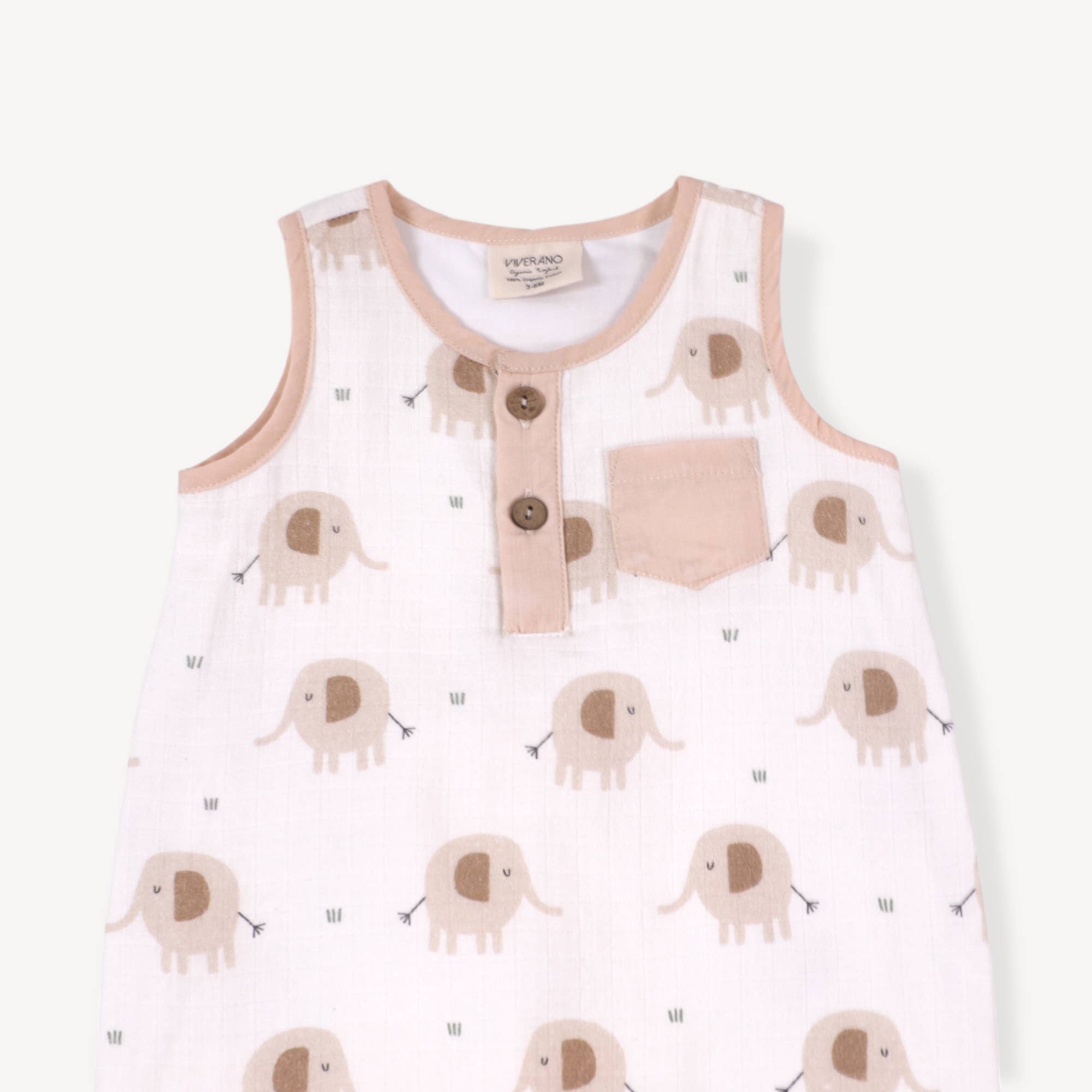 Elephant Henley Sleeveless Baby Romper Organic Muslin