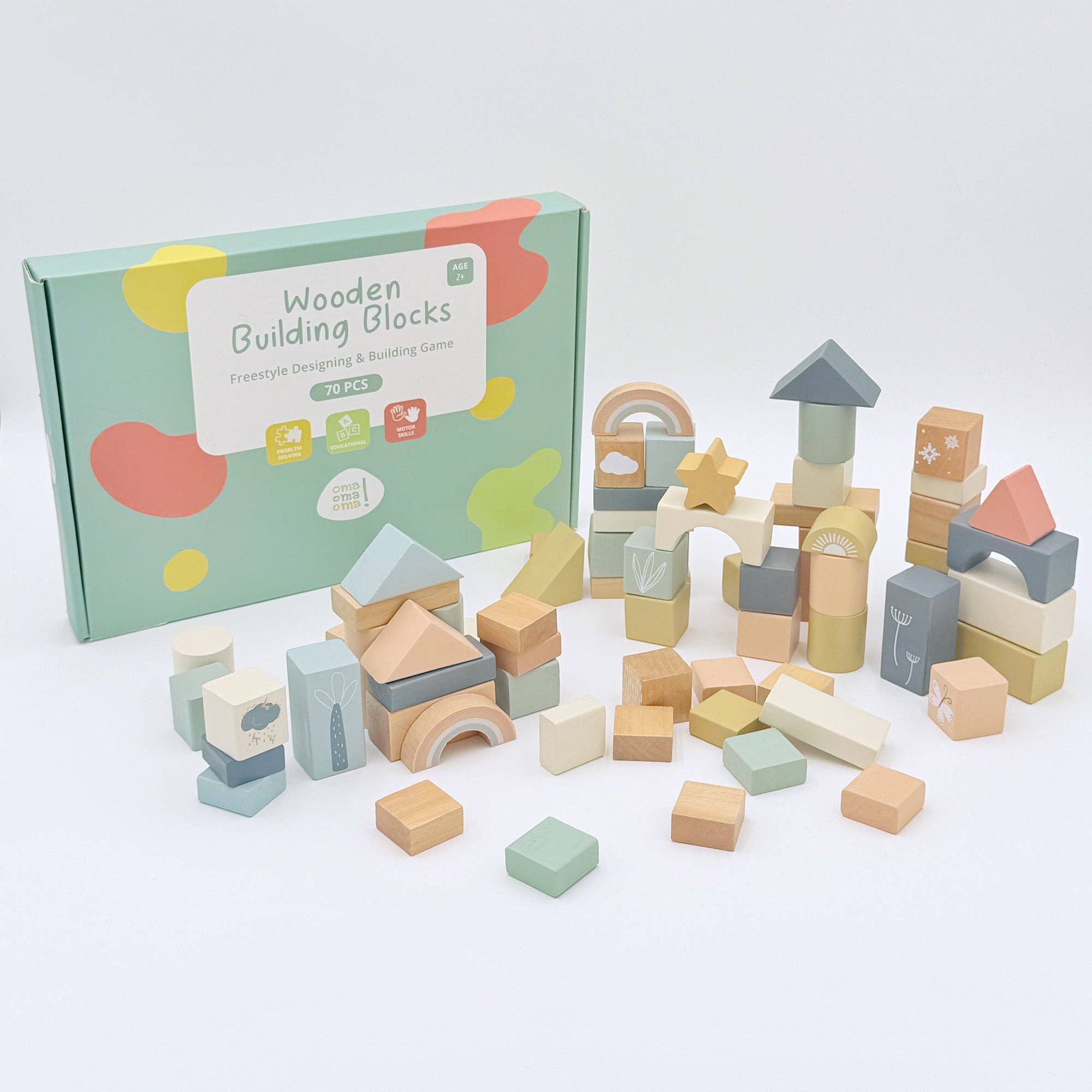 Wooden Building Blocks 70pc - Natural Wood Block Set Ages 2+