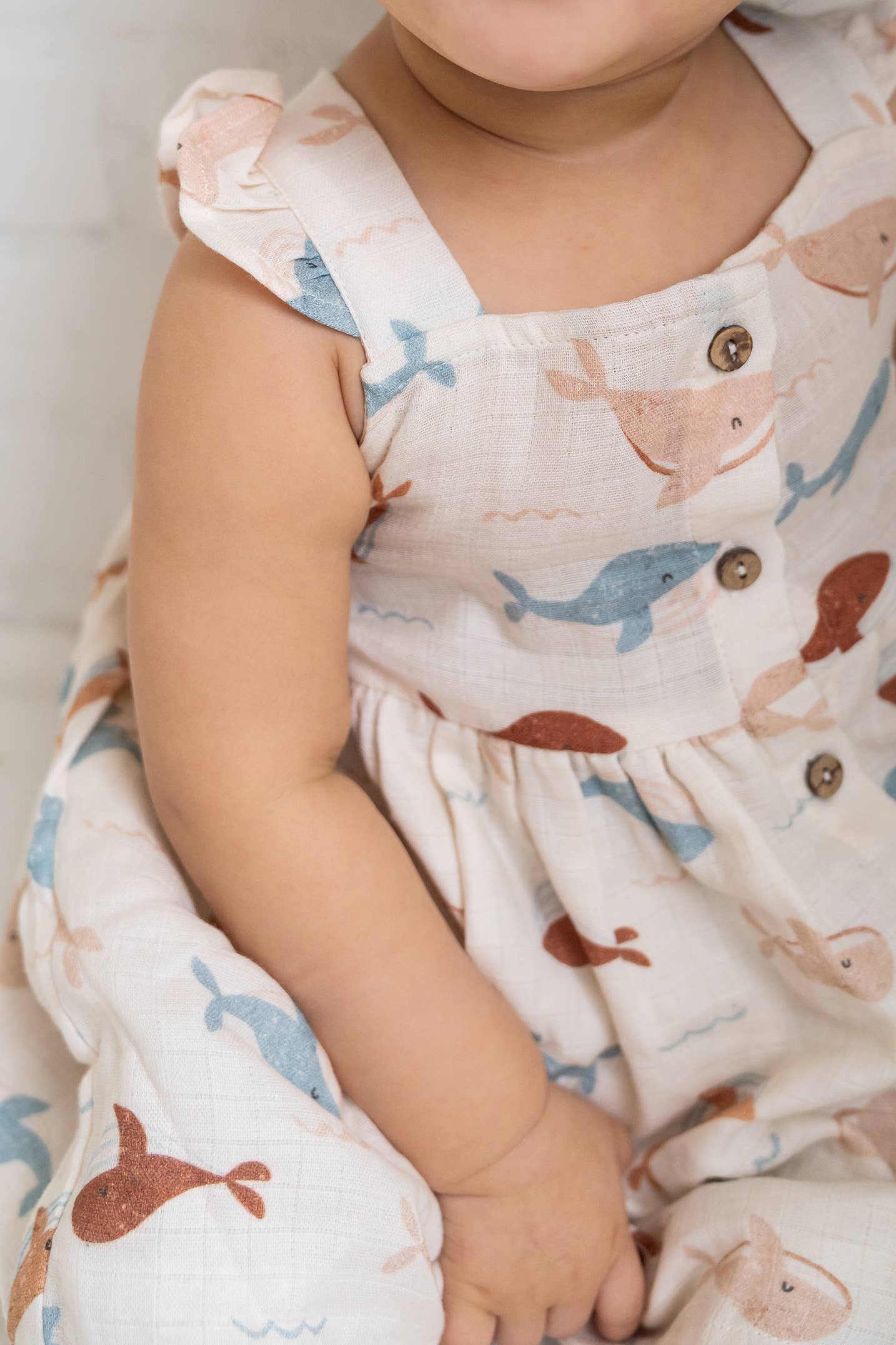 Whales Ruffle & Button Baby Dress+Bloomer Organic Muslin