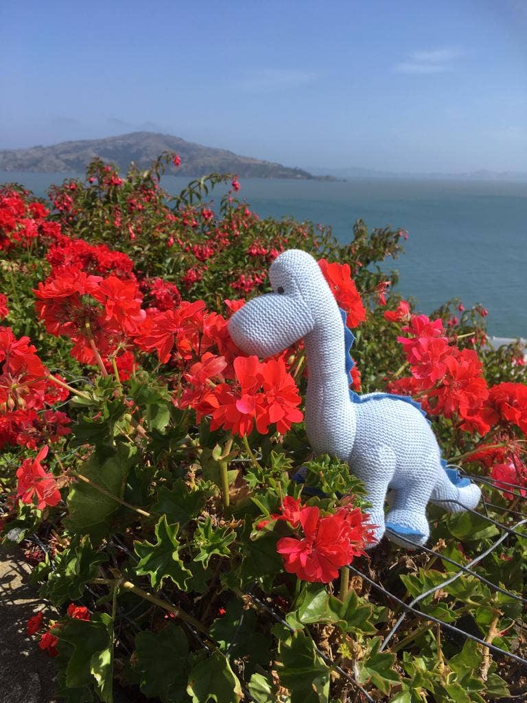 Hochet bébé dinosaure diplodocus bleu tricoté en coton biologique