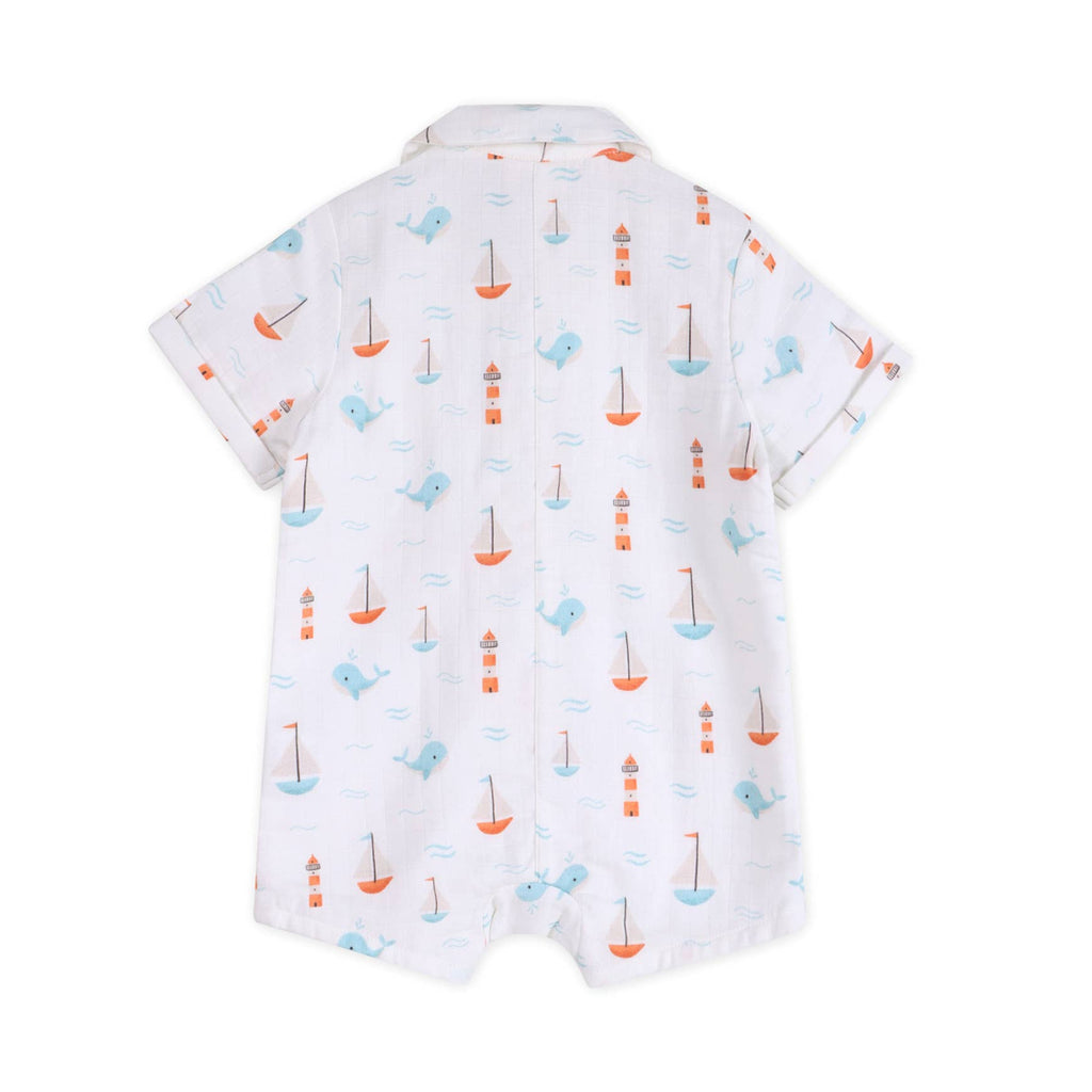 Sailboat Baby Button Romper Organic Muslin