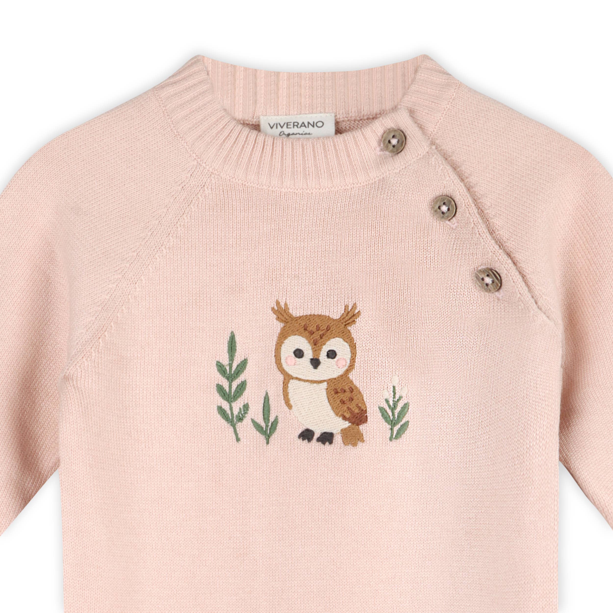 Owl Embroidered Baby Knit Jumpsuit (Organic Cotton): Sweet Pink / 3-6M