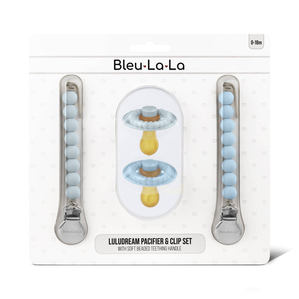 Luladream Pacifiers - Natural Rubber Nipple: Ash Blue + Sky Blue + Clips