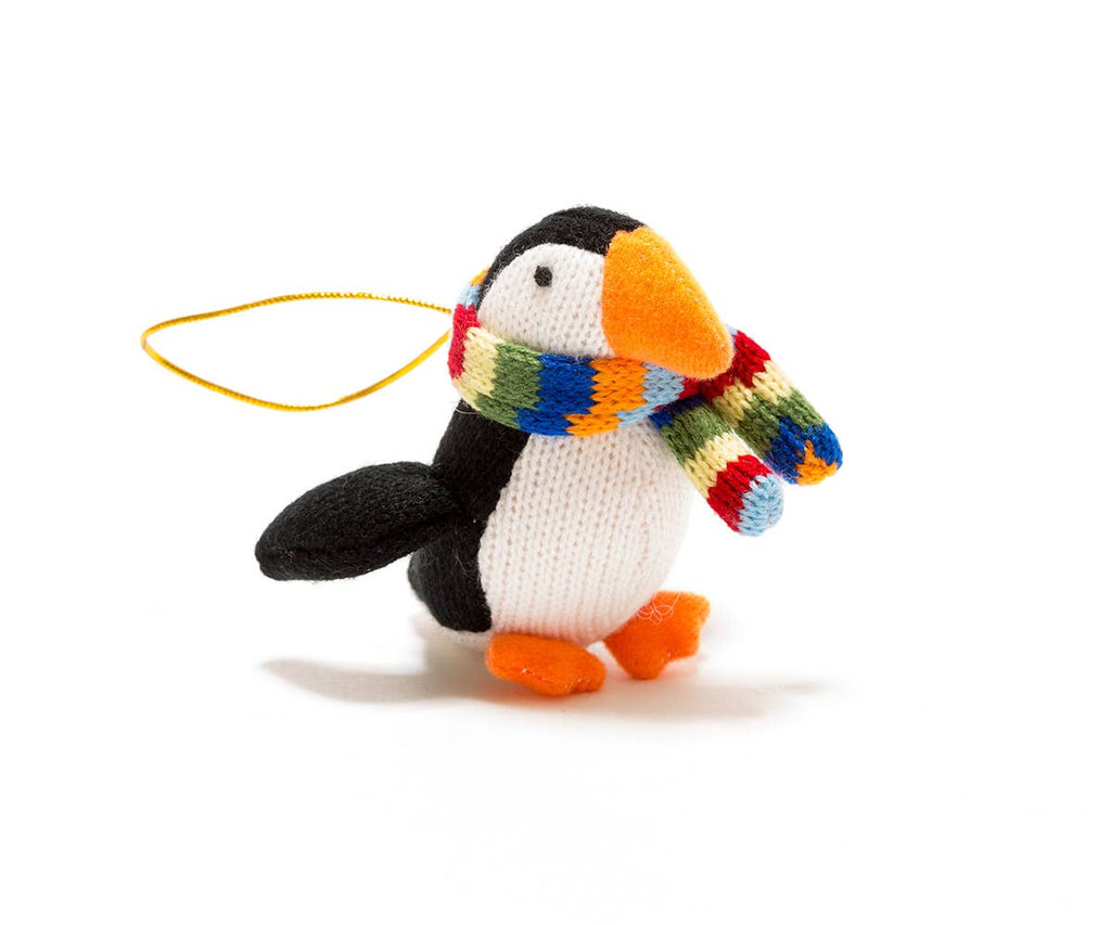 Knitted Puffin with stripe scarf Christmas Decoration