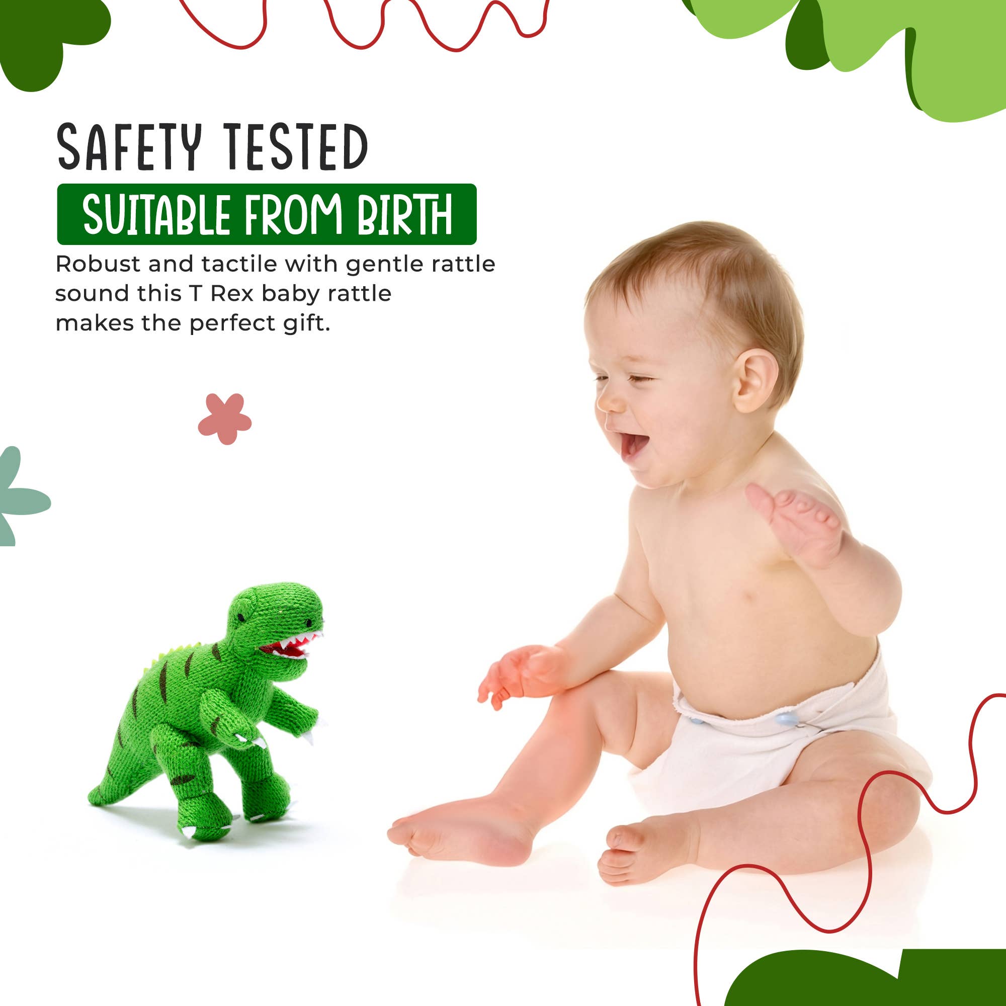Knitted T Rex Dinosaur Baby Rattle Green