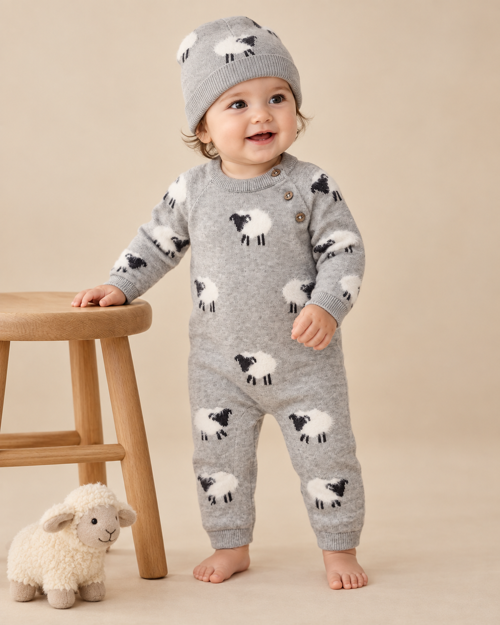 Furry Sheep 3D Jacquard Sweater Knit Baby Jumpsuit (Organic): Pewter Grey Heather