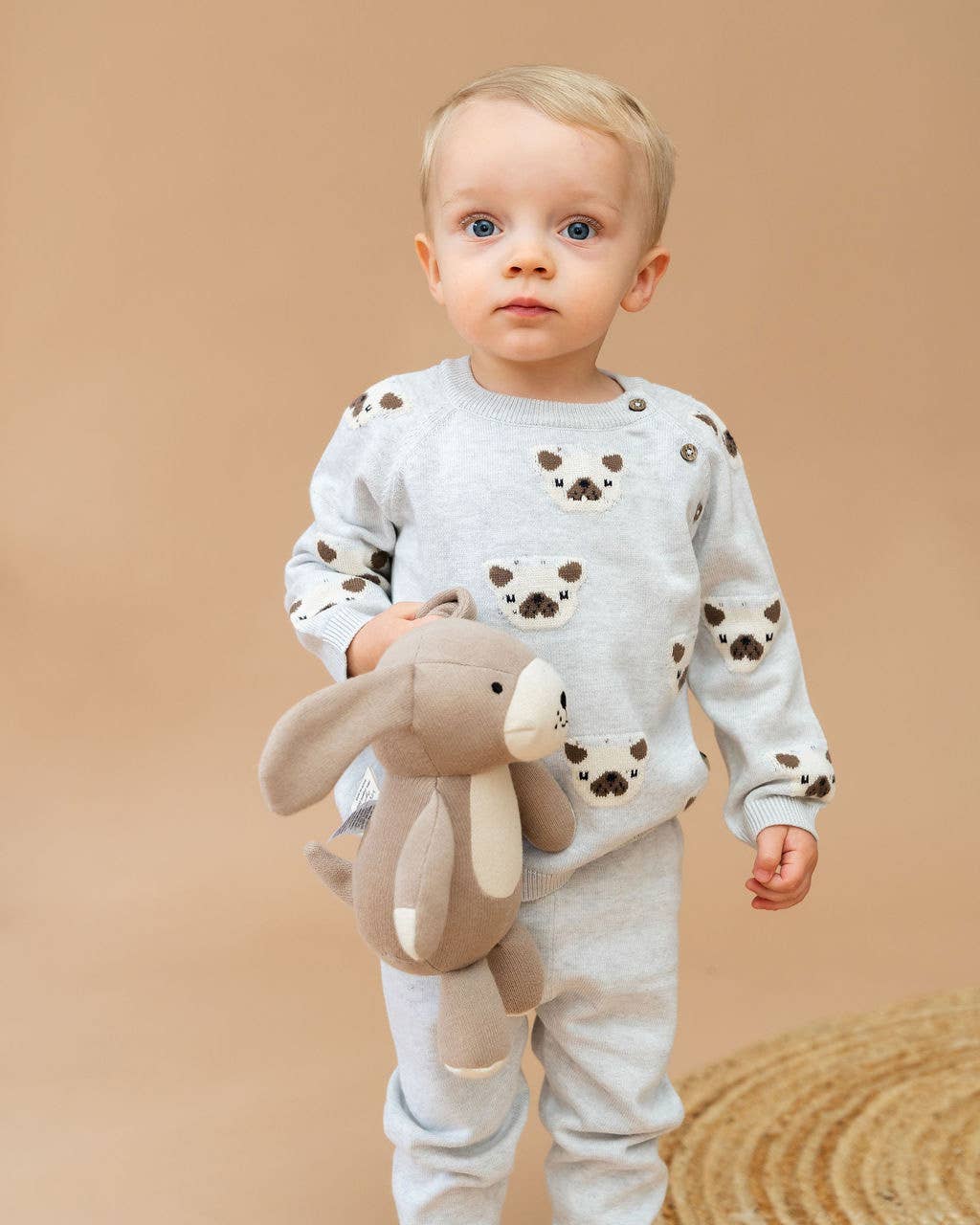 Frenchie Puppy Jacquard Knit Baby Set Organic: Pearl Grey Heather