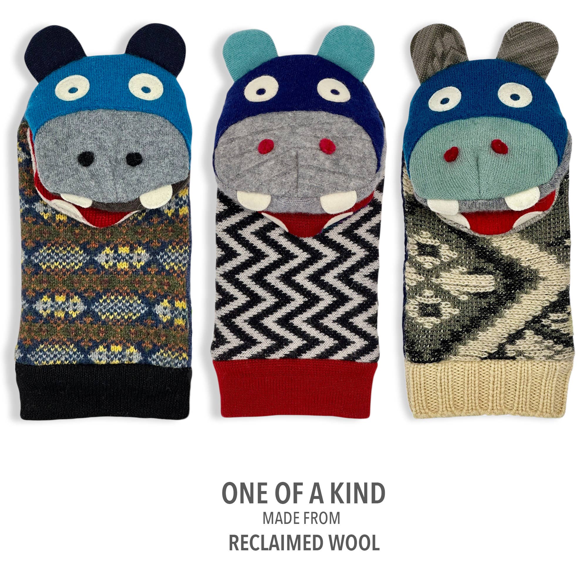 Hippo Puppet | Reclaimed Wool: 12 inch height (30.5 cm).