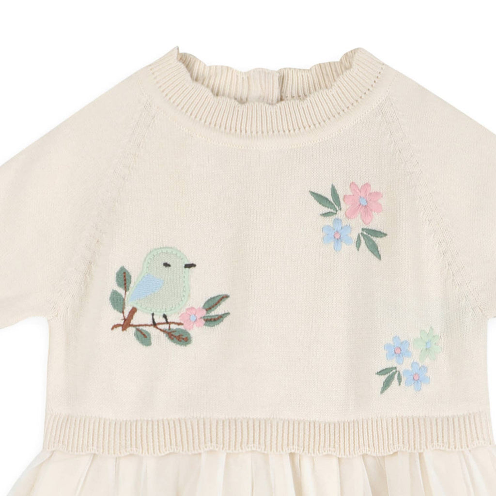 Bird Floral Organic  Embroidered Tutu Knit Baby Dress