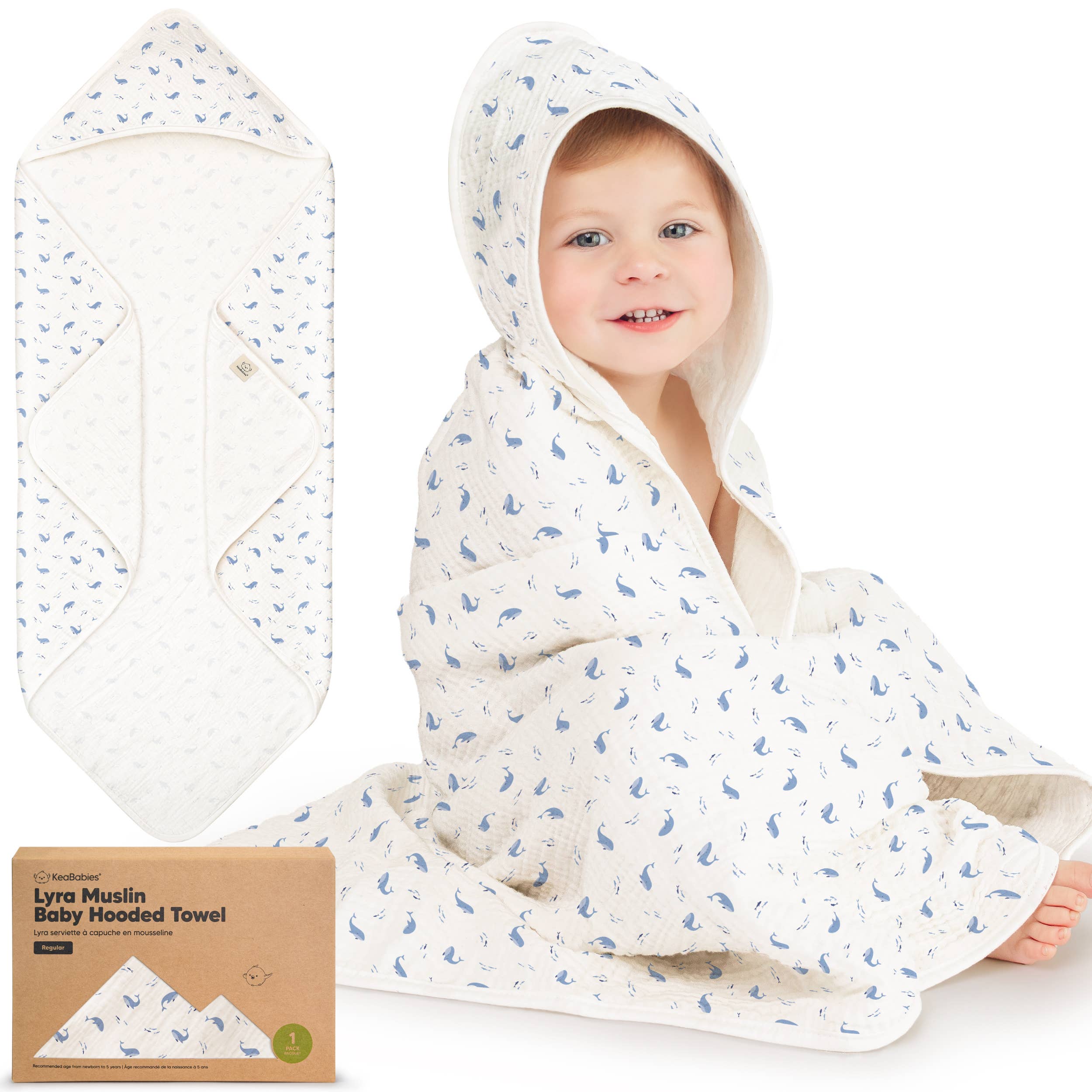 KeaBabies Lyra Muslin Hooded Towel: Whale Bay