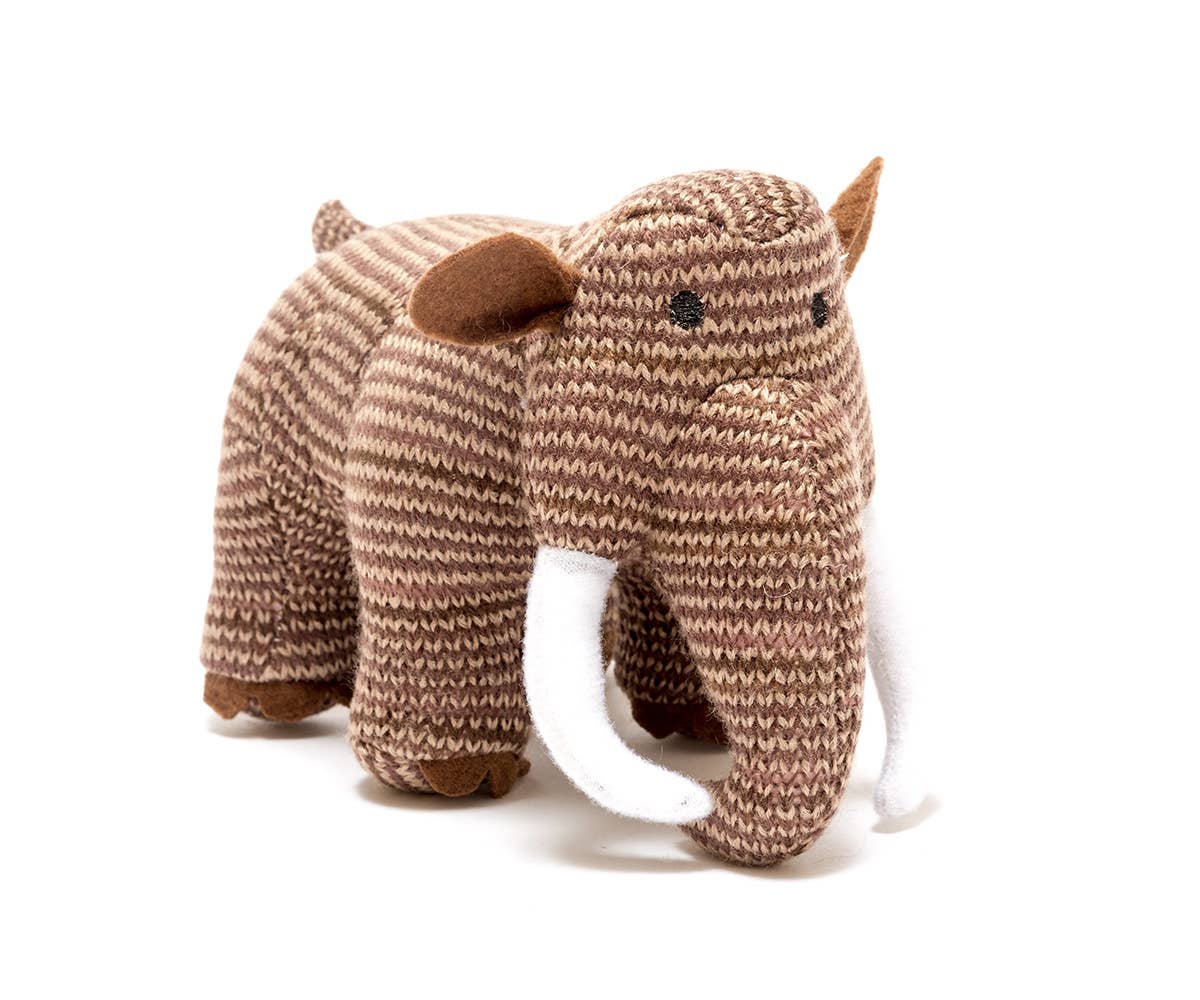Knitted Woolly Mammoth Dinosaur Baby Rattle Brown stripes