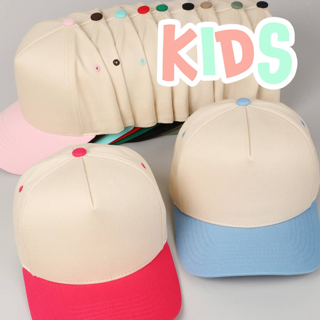 Kids Plain Two Tone Canvas Cotton Baseball Cap : HOT PINK / ONE SIZE