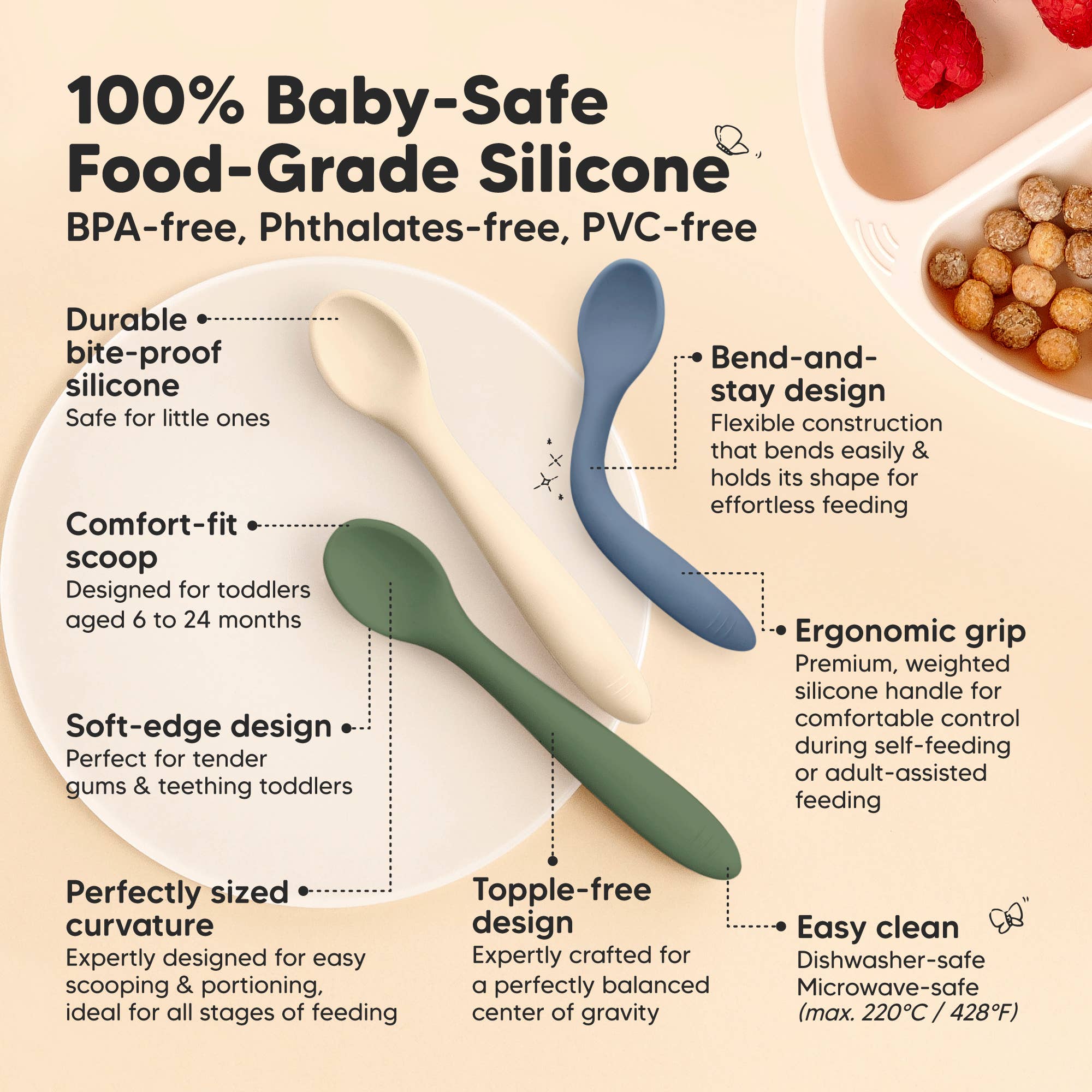3-Pack Prep Silicone Baby Spoons for Toddlers 6-24 months: Slate