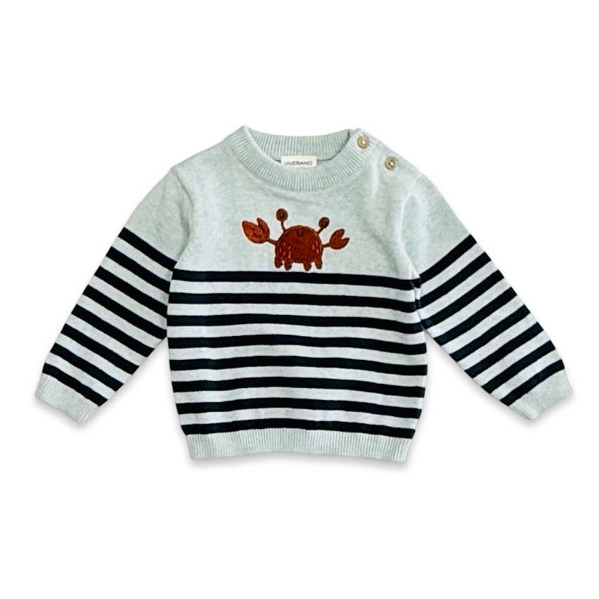 Crab Embroidered & Stripe Knit Baby Pullover Organic Cotton