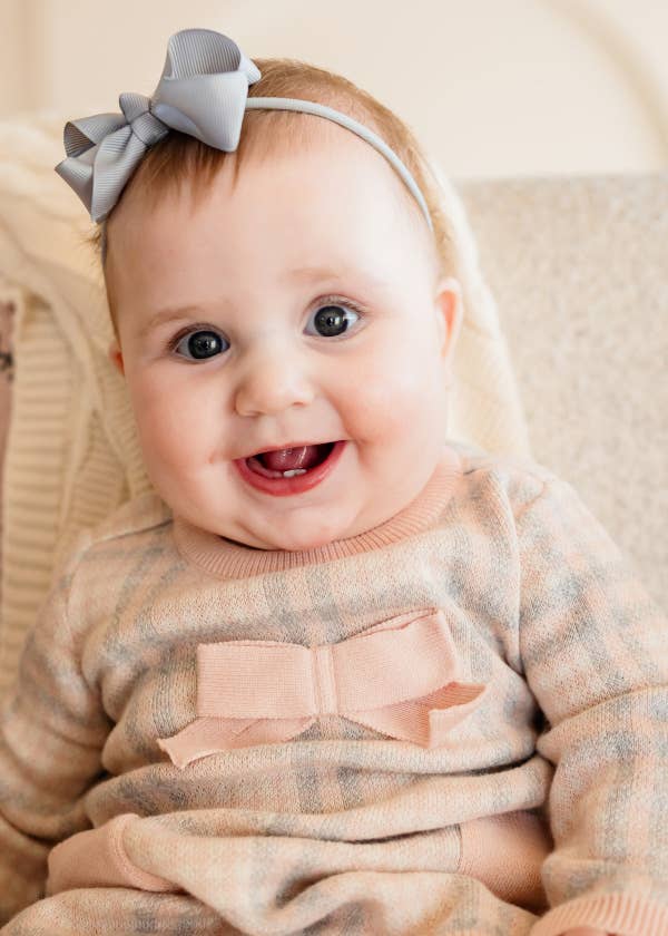 Sophie Bow Checkered Sweater Knit Baby Dress -Organic Cotton: Rosewood Pink / 3-6M