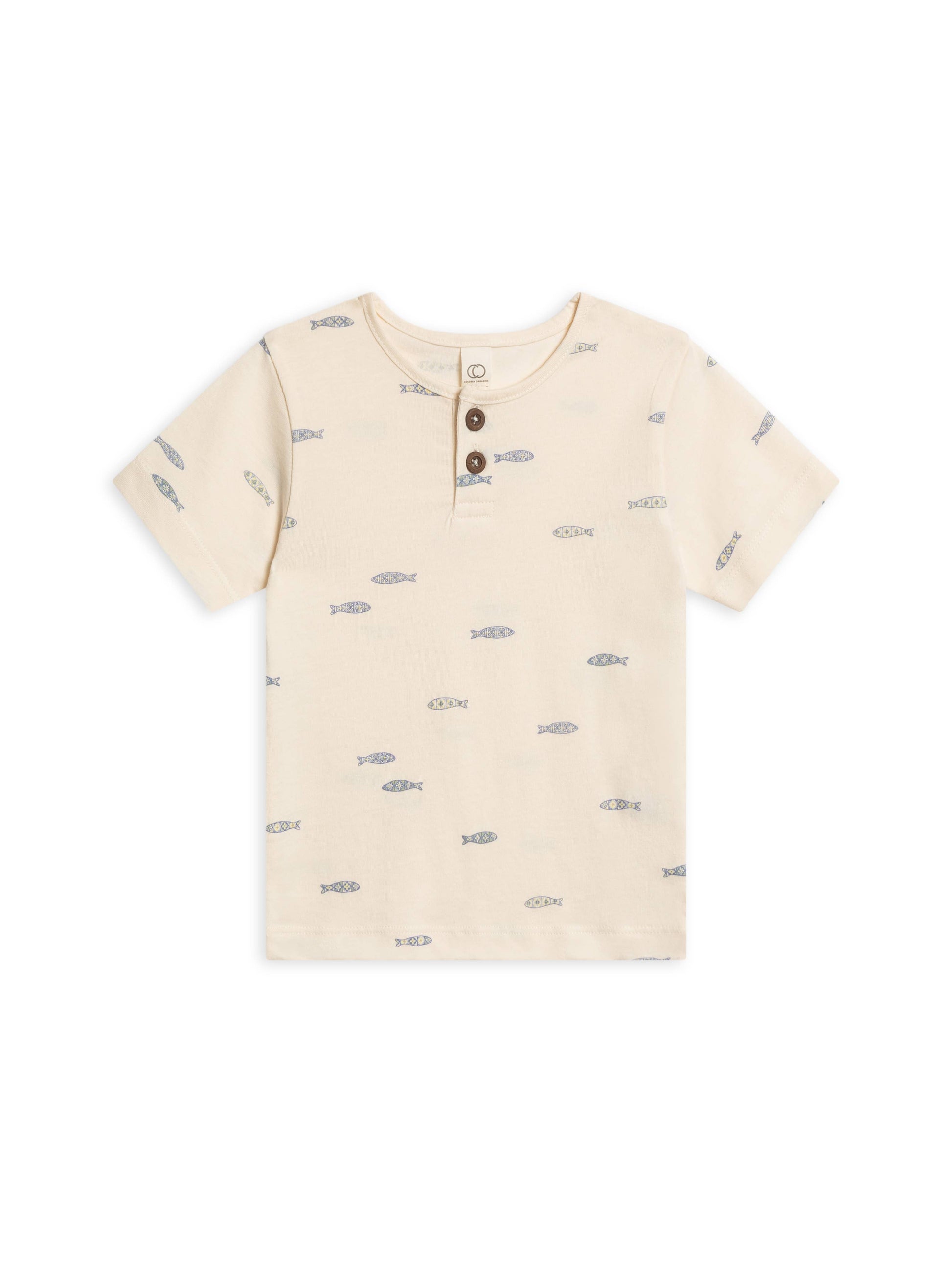 Organic Reef Short Sleeve Henley - Fish / Marino + Rain: 6-12M