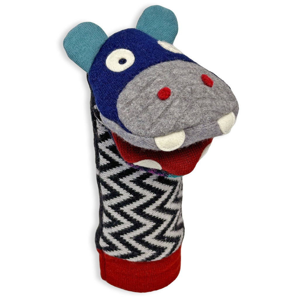 Hippo Puppet | Reclaimed Wool: 12 inch height (30.5 cm).