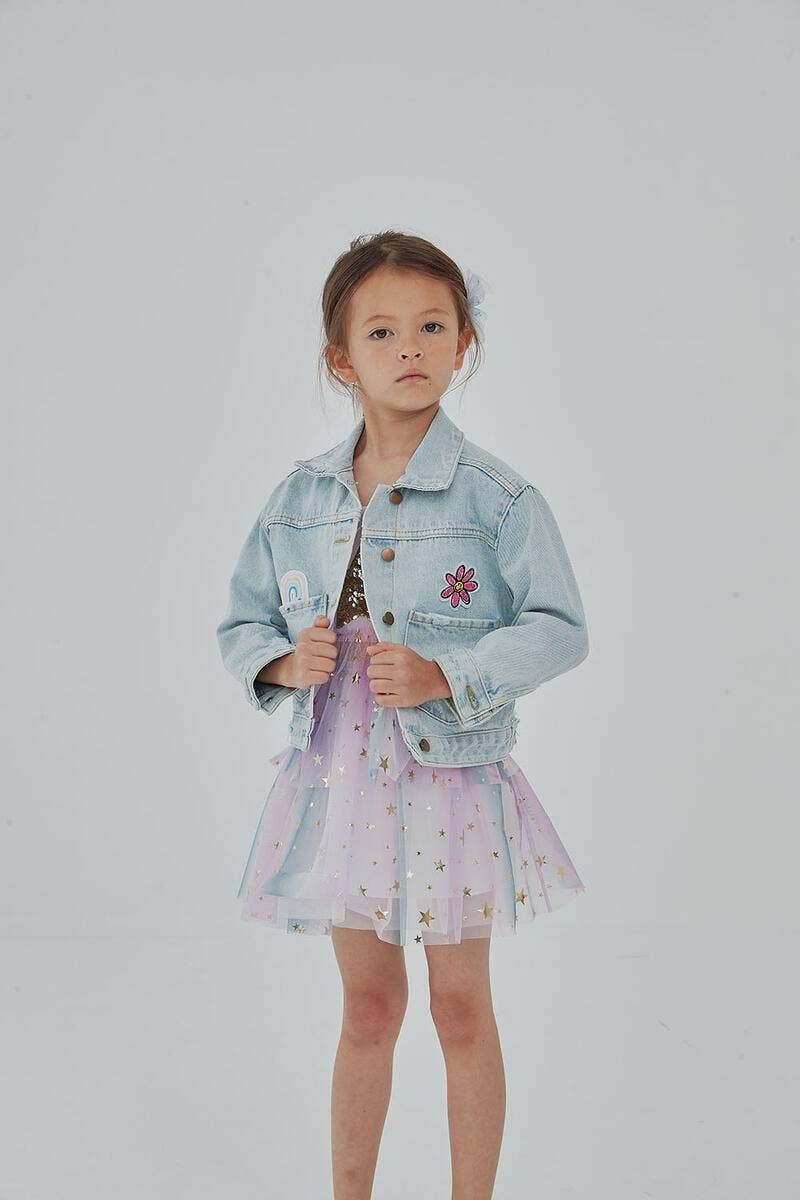 Patched Denim Jacket - Collared Neckline: Mermaid