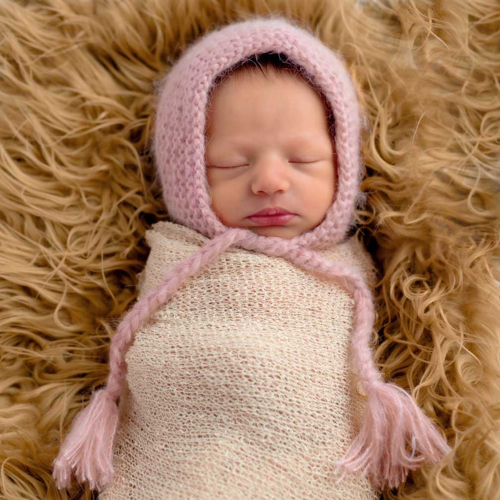 Newborn Baby Pink Angora Knit Bonnet