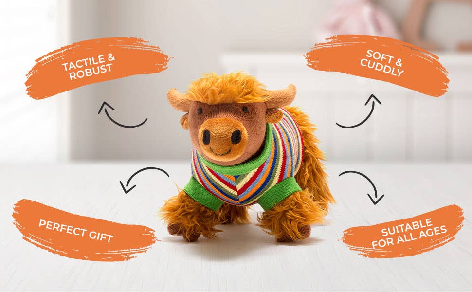 Knitted Highland Cow Soft Toy in Stripe Jumper