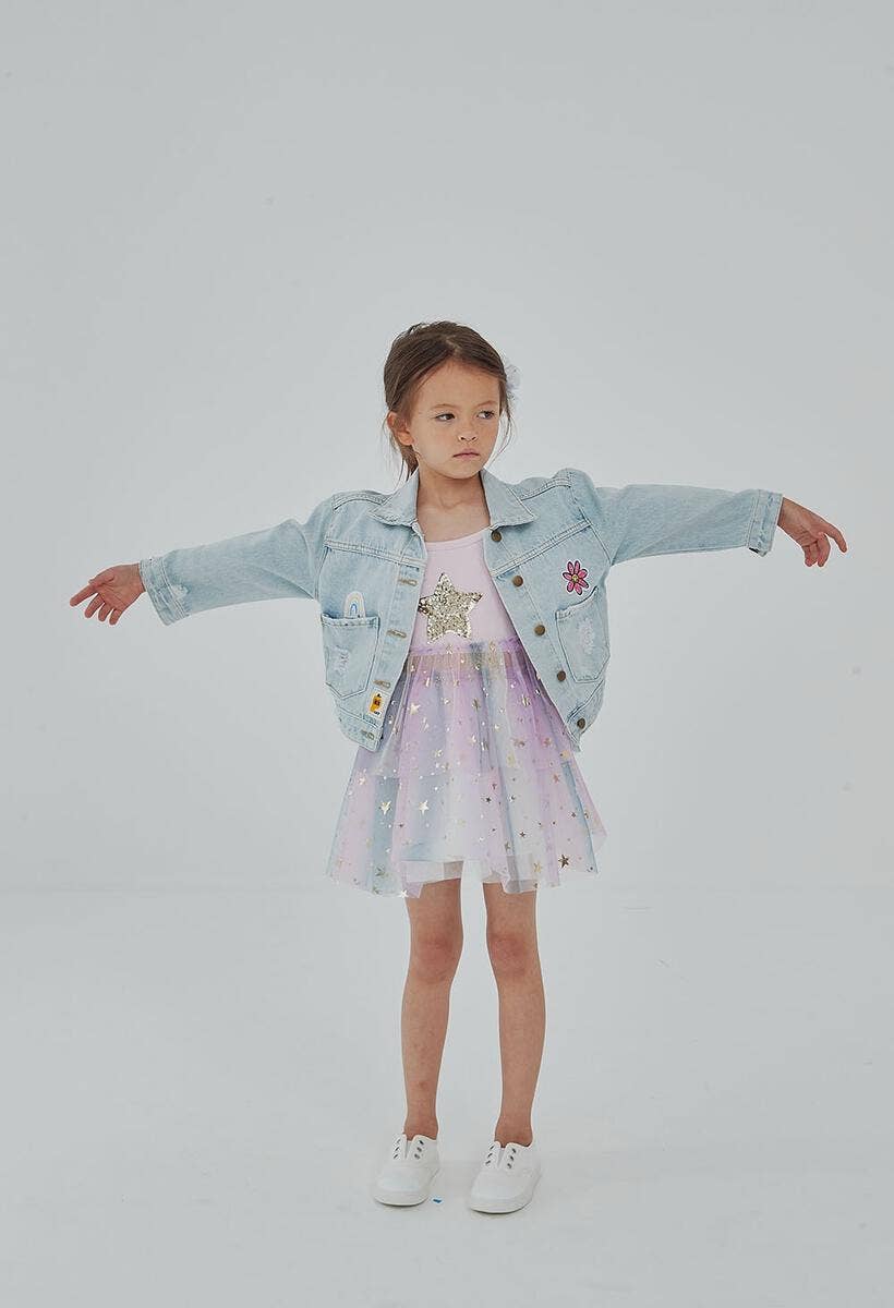 Patched Denim Jacket - Collared Neckline: Mermaid