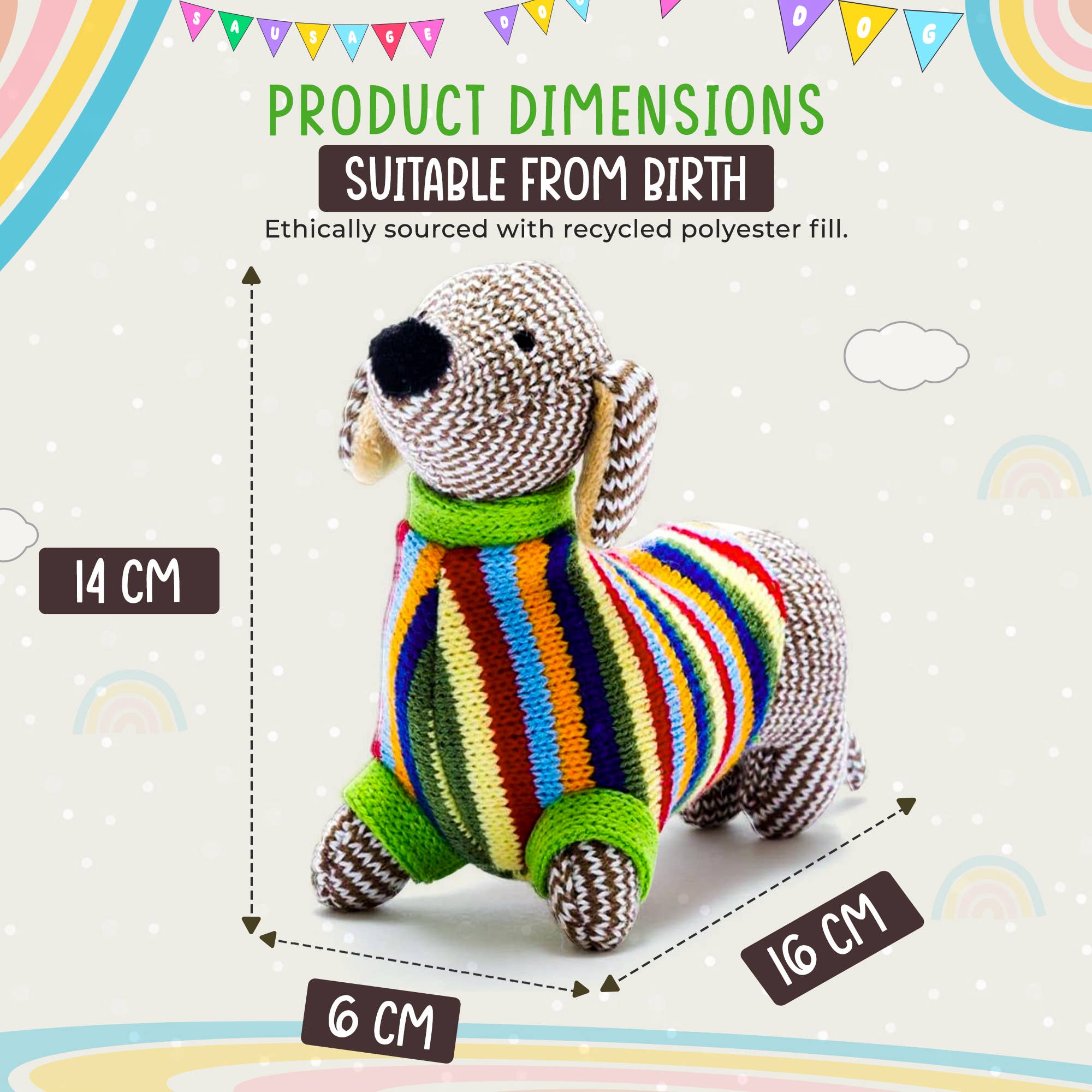Hochet pour bébé en forme de chien saucisse tricoté