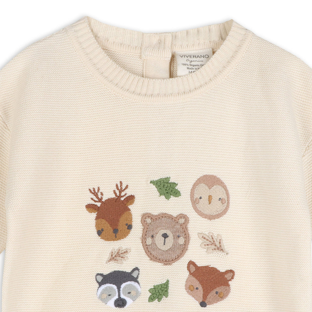 Woodland Animals Organic Cotton Knit Baby Pullover Ecru