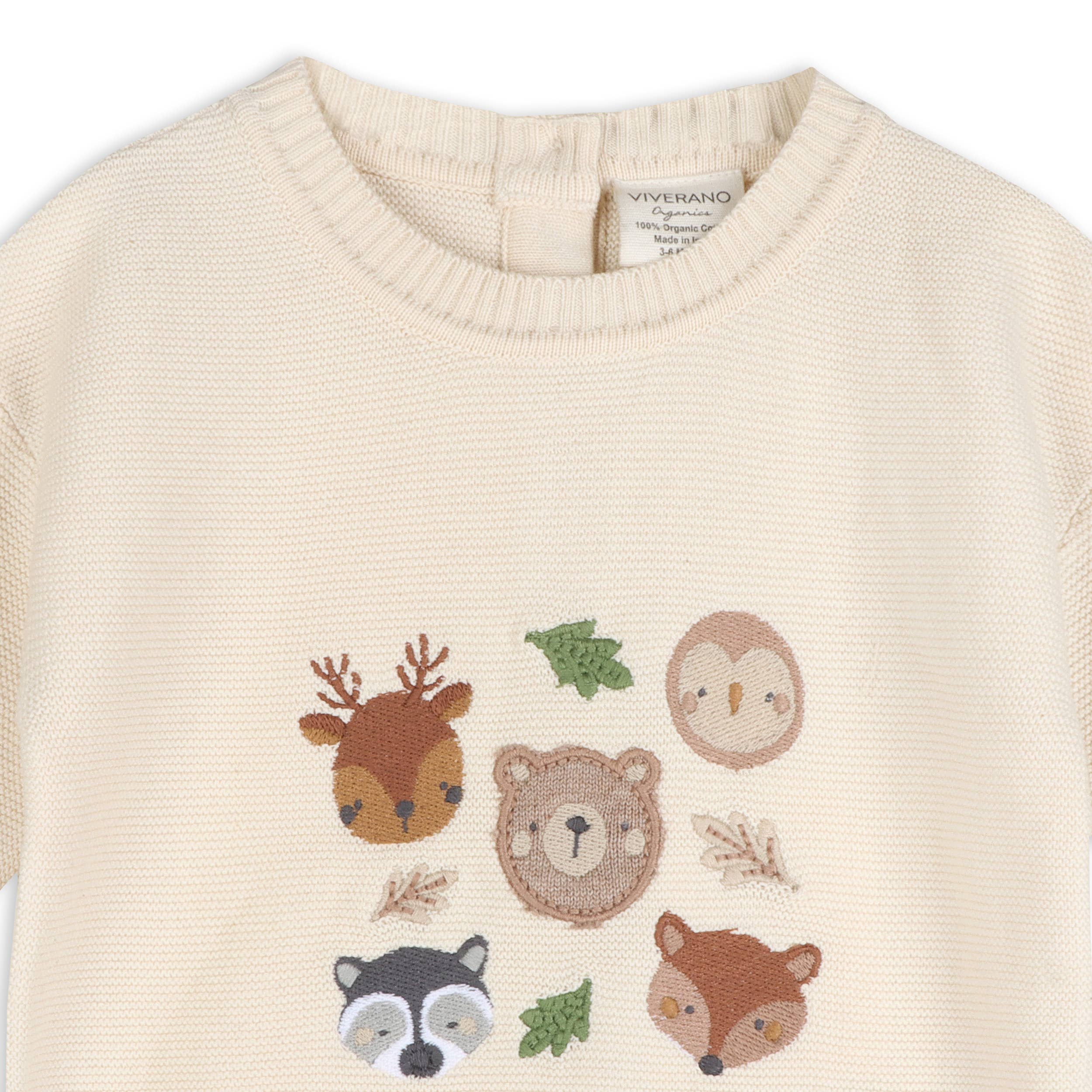 Woodland Animals Organic Cotton Knit Baby Pullover Ecru