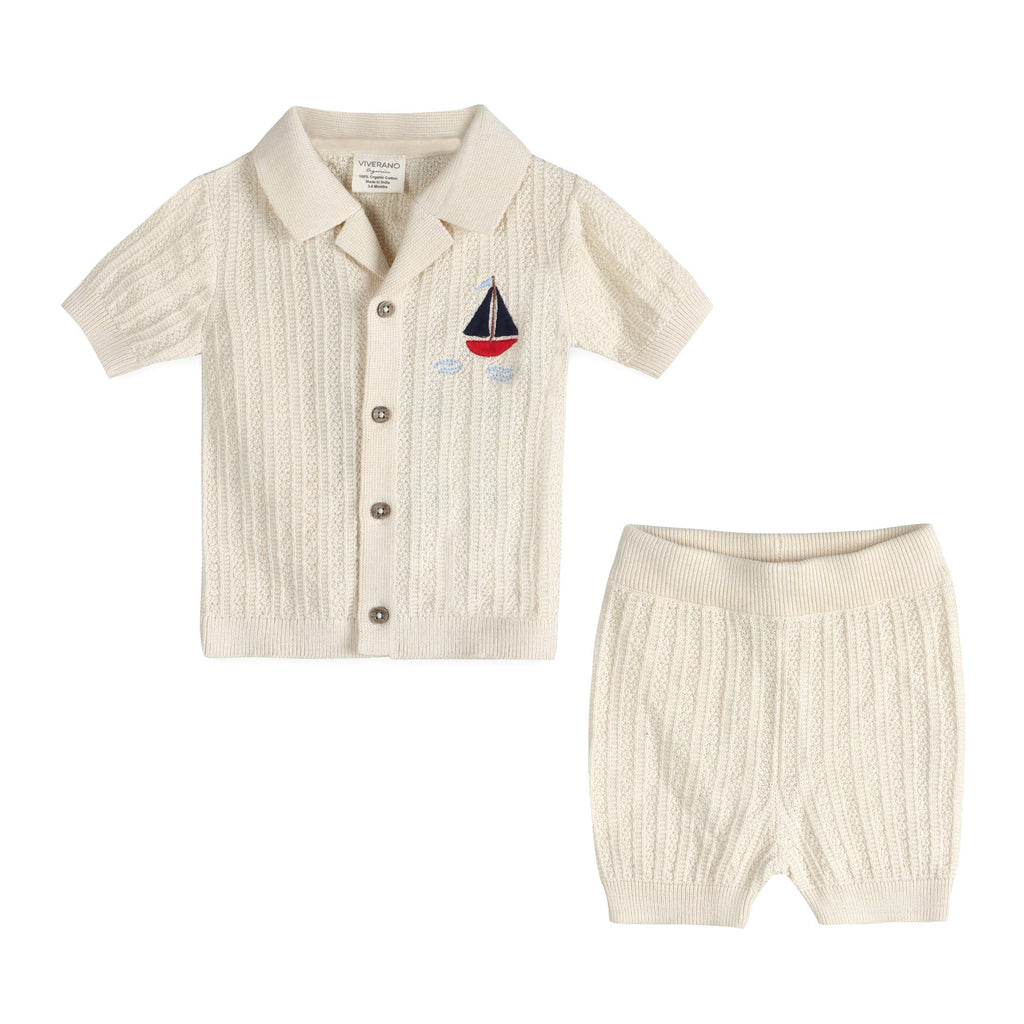 Sailboat Organic Embroidered Baby Shirt & Shorts Set