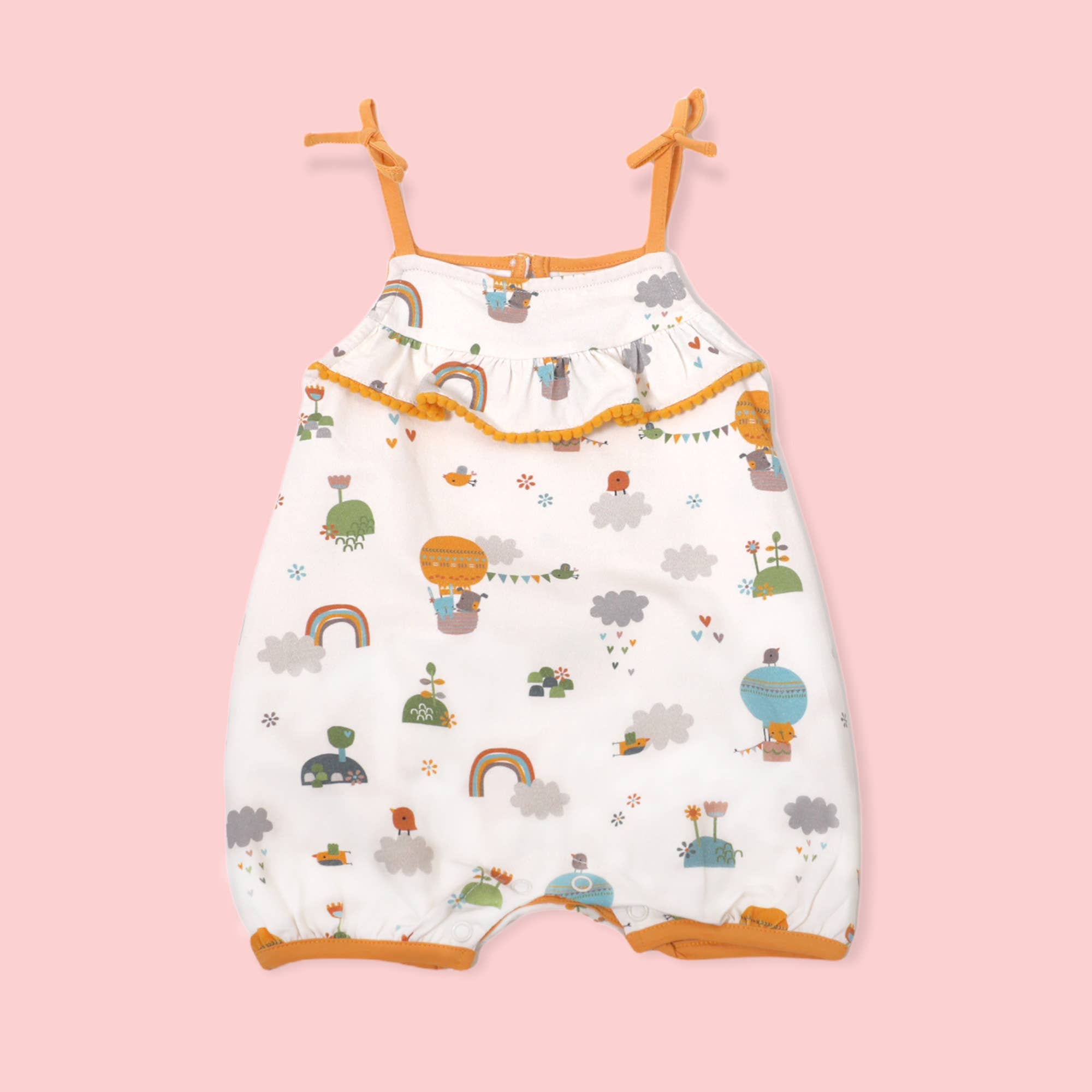 Balloon Pom-Pom & Tie Short Romper Organic Cotton
