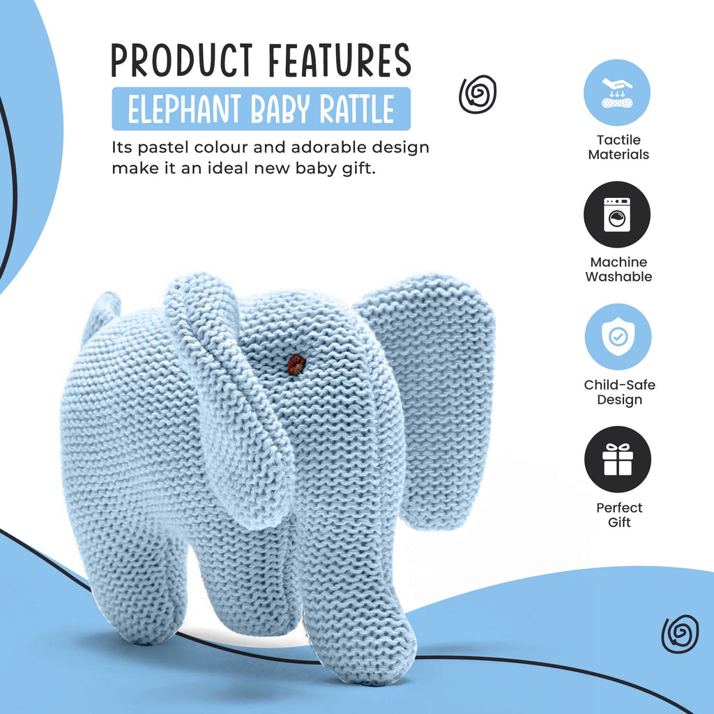 Blue Elephant Baby Rattle Knitted Organic Cotton