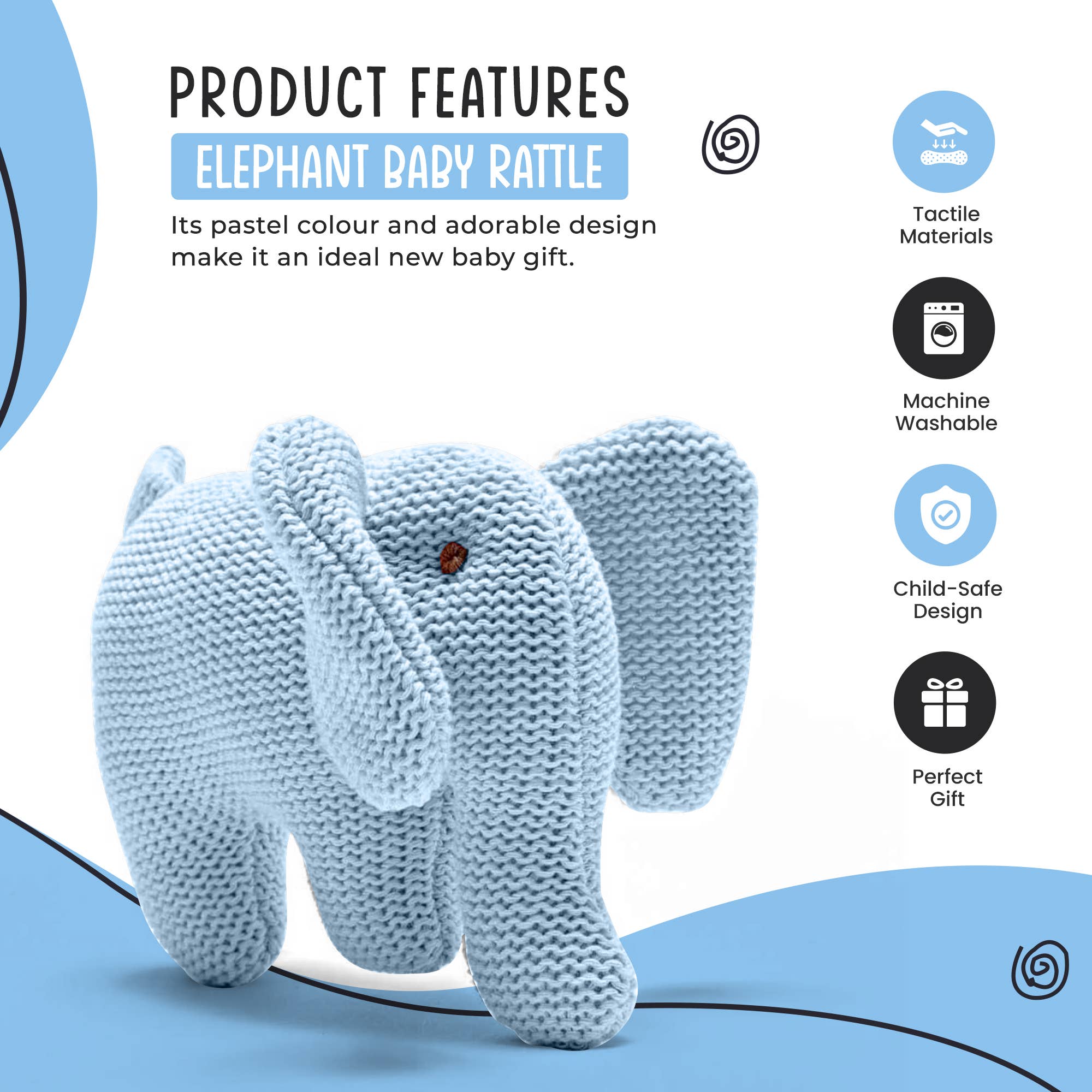 Blue Elephant Baby Rattle Knitted Organic Cotton