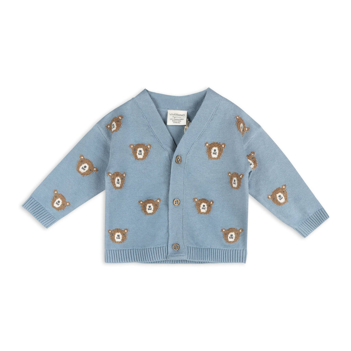 Bear Jacquard Organic Cotton Knit Baby Cardigan: Mineral Blue