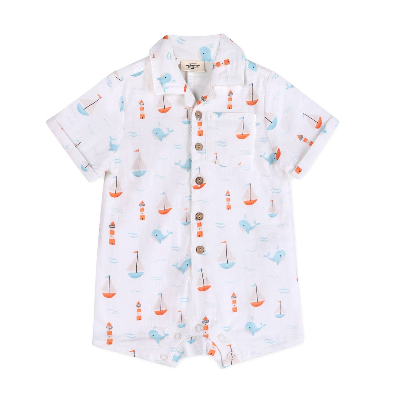 Sailboat Baby Button Romper Organic Muslin