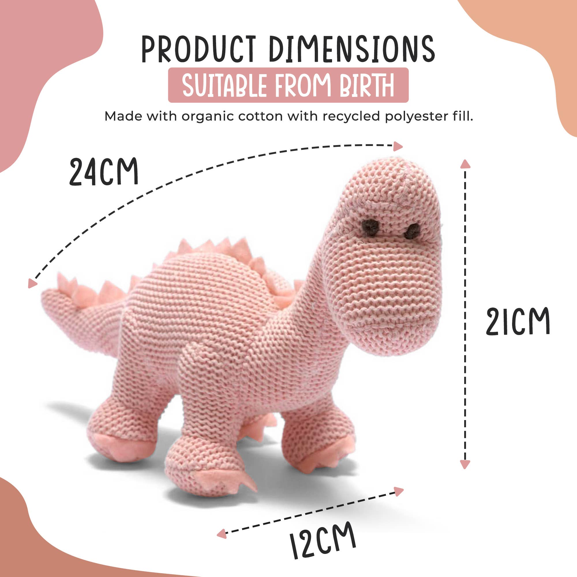Hochet dinosaure diplodocus rose en coton biologique tricoté