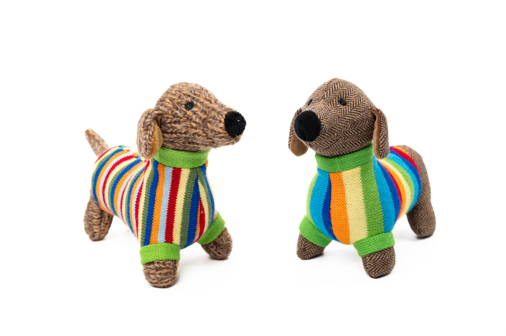 Tweed Sausage Dog Soft Toy Teddy with Bold Stripe Jumper