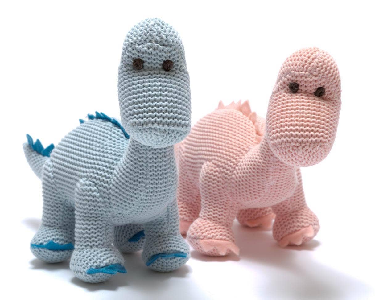 Hochet dinosaure diplodocus rose en coton biologique tricoté
