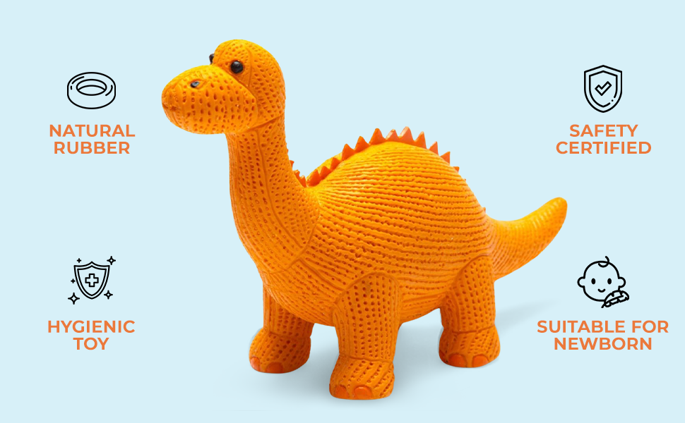 Rubber Orange Diplodocus Dinosaur Toy, Bath Toy and Teether