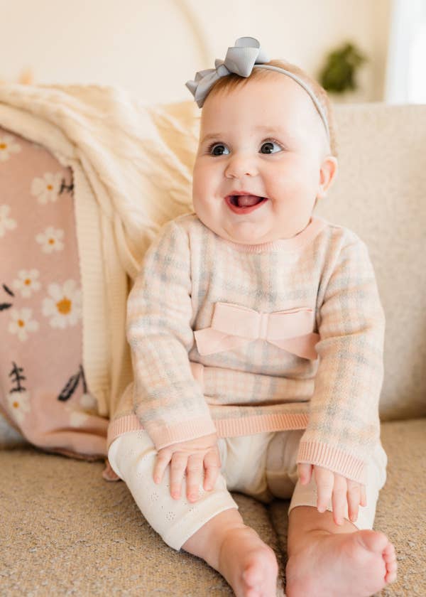 Sophie Bow Checkered Sweater Knit Baby Dress -Organic Cotton: Rosewood Pink / 3-6M