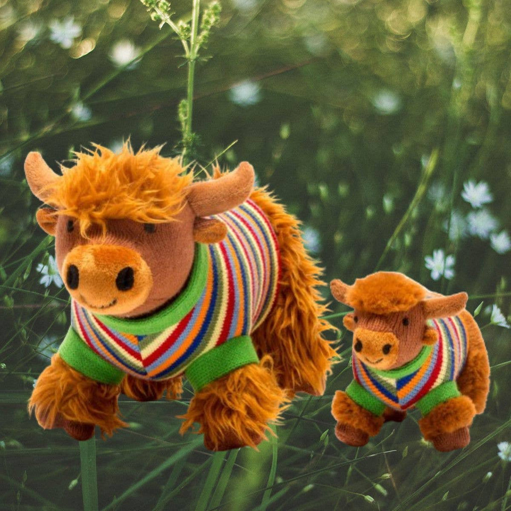 Knitted Highland Cow Soft Toy in Stripe Jumper