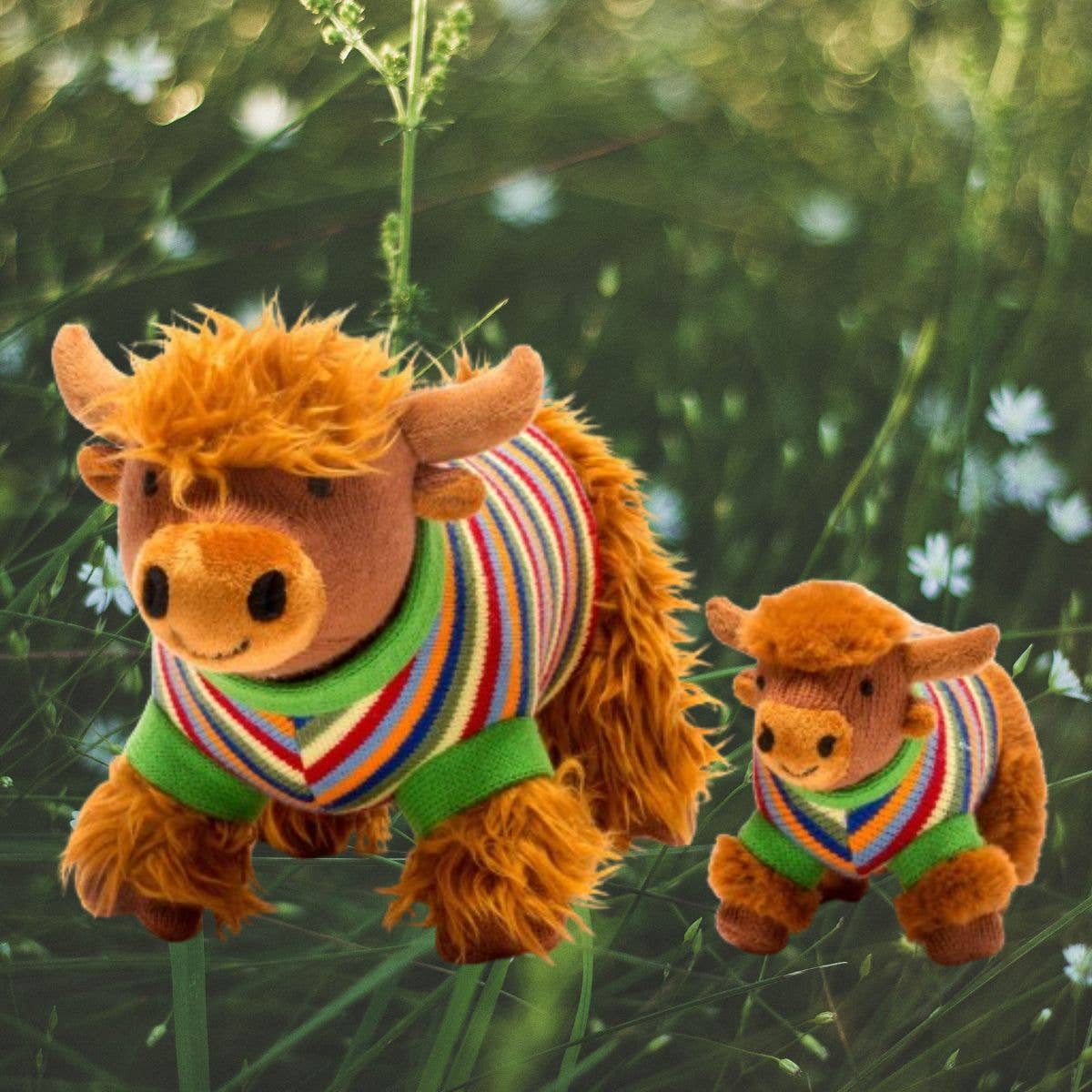 Knitted Highland Cow Soft Toy in Stripe Jumper