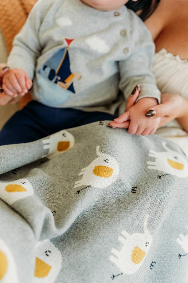 Elephant - Organic Cotton Jacquard Sweater Knit Baby Blanket: One Size