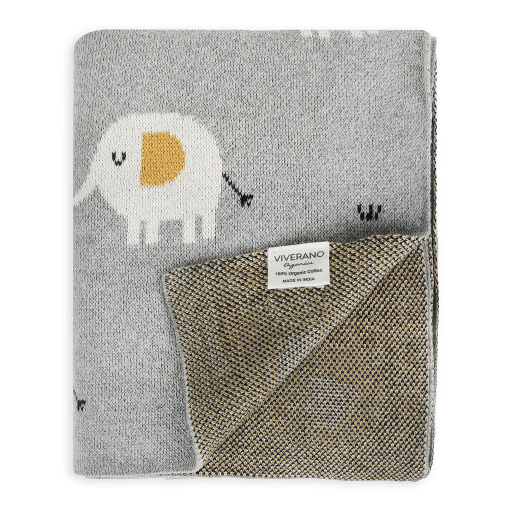 Elephant - Organic Cotton Jacquard Sweater Knit Baby Blanket: One Size