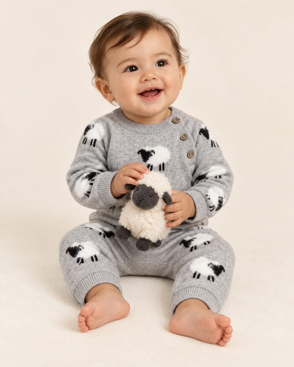 Furry Sheep 3D Jacquard Sweater Knit Baby Jumpsuit (Organic): Pewter Grey Heather