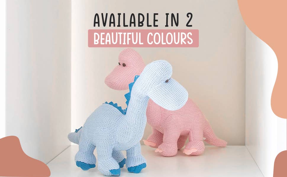 Hochet dinosaure diplodocus rose en coton biologique tricoté