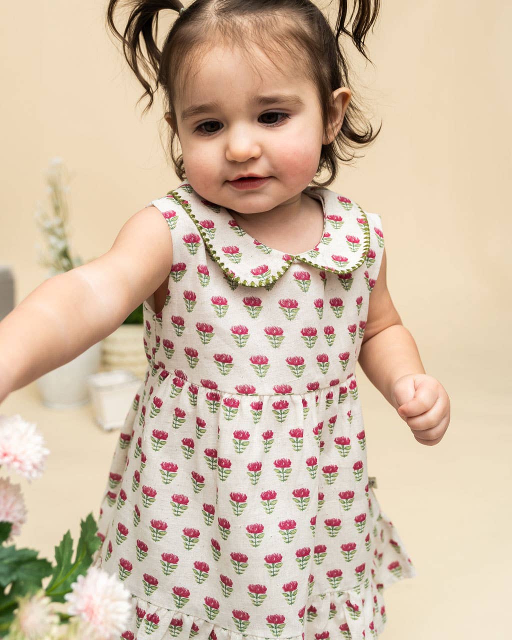 Mia Block Print Floral Baby Dress + Bloomer Linen Blend