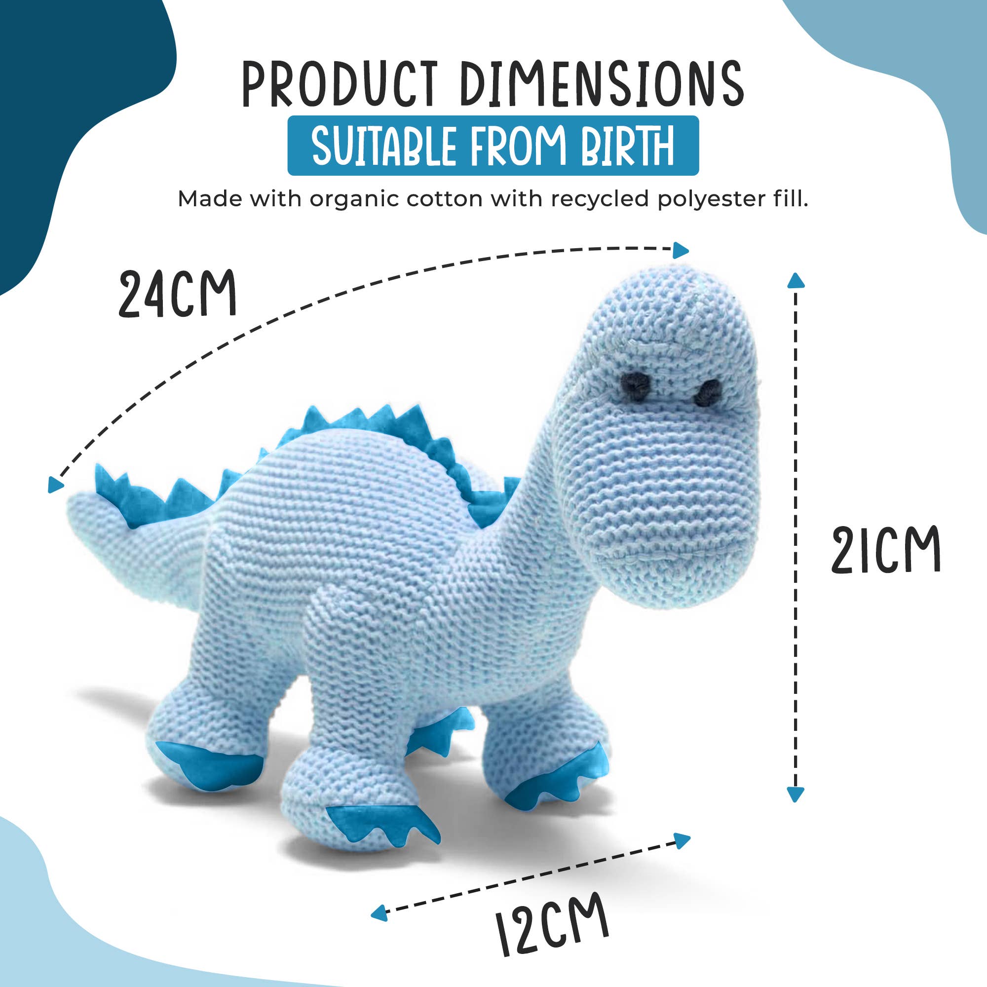 Hochet bébé dinosaure diplodocus bleu tricoté en coton biologique